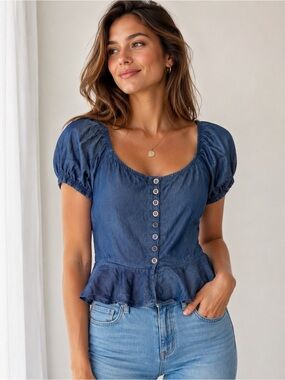 New Mix Romantic Puff Sleeve Lyocell Peplum Top Medium NWT